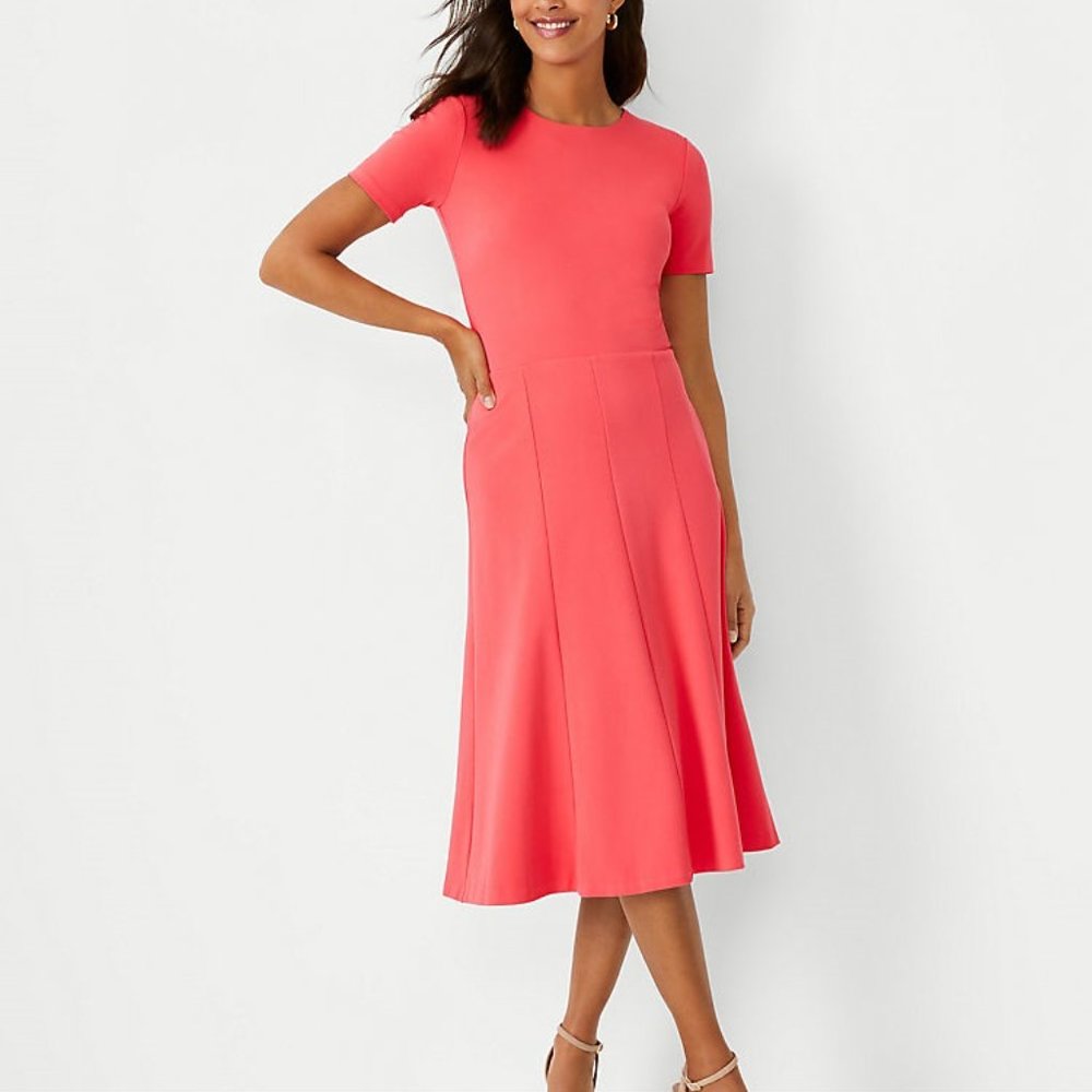 Ann Taylor Coral-Pink Midi Fit & Flare Dress